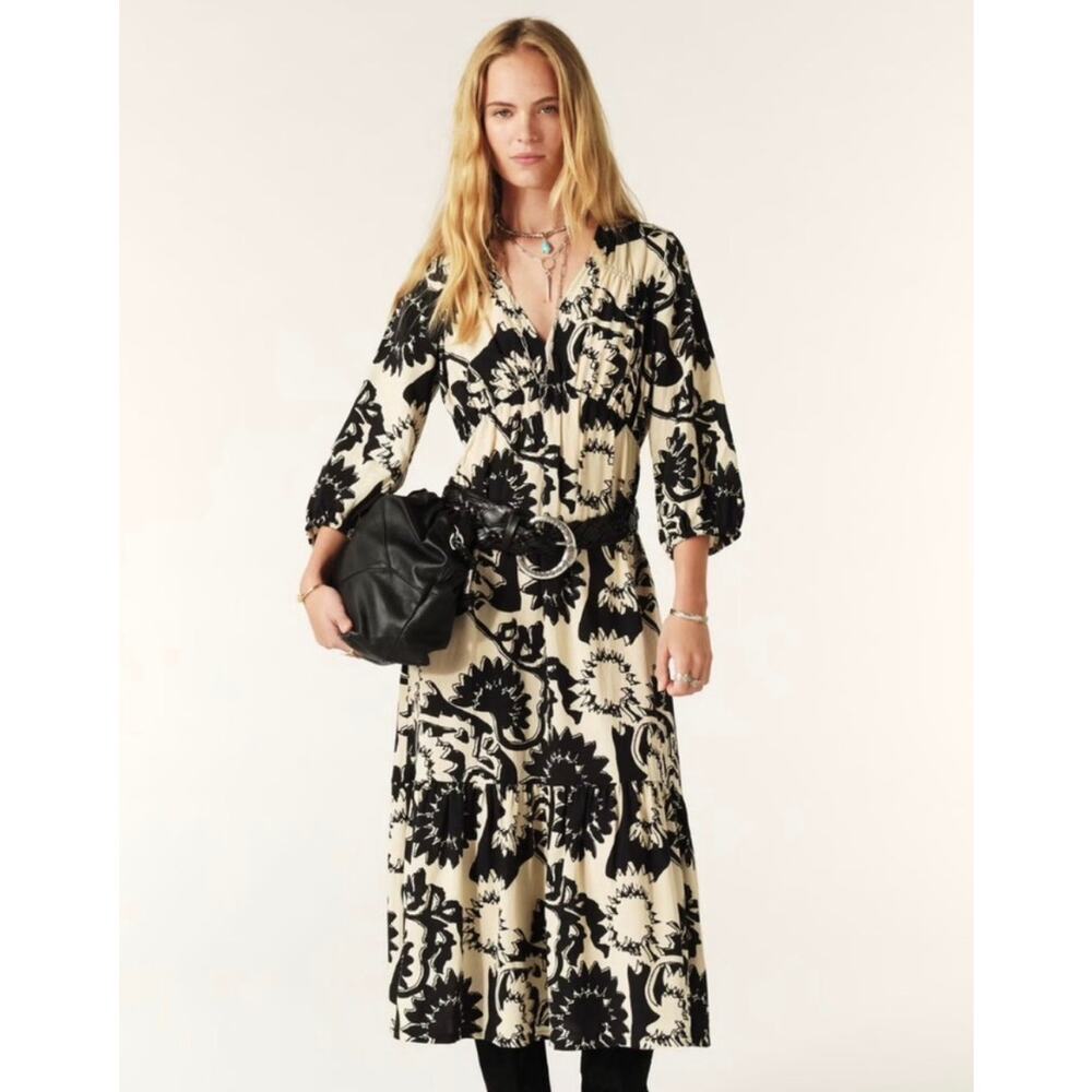 Ba&sh Ferae Midi Dress Floral Linen Blend 3/4 Puff Sleeve Smocked Boho Maxi